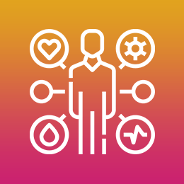 Icon of a human body surround by heart, water drop, gear and doppler